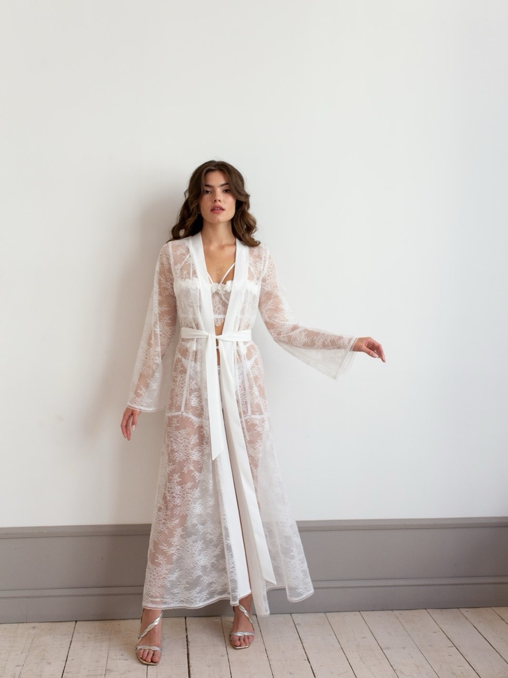 Sheer Lace Long Robe with Satin Trim - Beige by Rara Avis